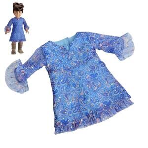 American Girl Paisley Dress Blue Sparkle Dot Mesh Fringed Hem Keyhole Neck Vtg